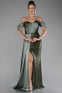 Olive Drab Boat Neck Slit Long Sequined Evening Gown ABU4085