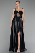 Black Strappy Underwire Corset Slit Long Satin Prom Dress ABU4112