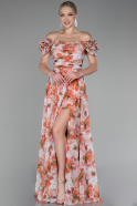 Orange Boat Neck Floral Slit Long Prom Dress ABU4113