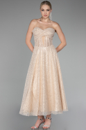 Beige Strapless Midi Dantelle Party Dress ABK2082