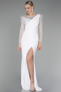 White Stoned Long Sleeve Slit Evening Gown ABU4117