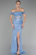 Light Blue Boat Neck Slit Long Sequined Evening Gown ABU4120