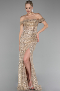 Gold Boat Neck Slit Long Sequined Evening Gown ABU4120