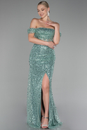 Mint Boat Neck Slit Long Sequined Evening Gown ABU4120