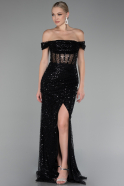 Black Boat Neck Slit Long Sequined Evening Gown ABU4120