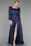 Navy Blue Sequined Long Sleeve Slit Satin Evening Dress ABU4121