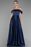 Navy Blue Boat Neck Long Satin Prom Dress ABU4122