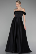 Black Boat Neck Long Satin Prom Dress ABU4122