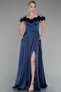 Navy Blue Floral Boat Neck Slit Long Satin Evening Dress ABU4123