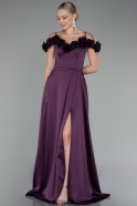 Plum Floral Boat Neck Slit Long Satin Evening Dress ABU4123