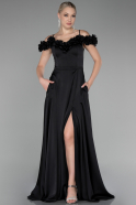 Black Floral Boat Neck Slit Long Satin Evening Dress ABU4123