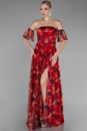 Red Strapless Slit Long Printed Prom Dress ABU4129