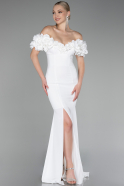 White Boat Neck Slit Long Evening Dress ABU4080