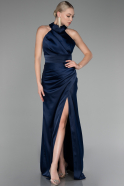 Navy Blue Halter Neckline Slit Satin Evening Dress ABU4109