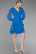 Sax Blue Long Sleeve Chiffon Short Cocktail Dress ABK2117