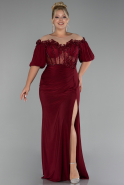 Burgundy Short Sleeve Embroidered Slit Long Plus Size Evening Gown ABU4100