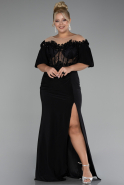 Black Short Sleeve Embroidered Slit Long Plus Size Evening Gown ABU4100