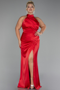 Red Halter Neckline Slit Satin Plus Size Evening Dress ABU4110