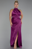 Plum Halter Neckline Slit Satin Plus Size Evening Dress ABU4110