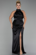 Black Halter Neckline Slit Satin Plus Size Evening Dress ABU4110