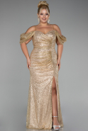 Gold Boat Neck Slit Sequined Long Evening Gown ABU4102