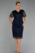 Navy Blue Short Sleeve Stone Midi Plus Size Evening Dress ABK2116