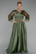 Olive Drab Sequined Long Sleeve Satin Plus Size Evening Dress ABU4051