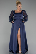 Navy Blue Sequined Long Sleeve Slit Satin Evening Dress ABU4124