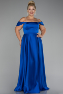 Sax Blue Boat Neck Long Satin Plus Size Prom Dress ABU4125