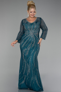 Oil Green Stoned Long Sleeve Plus Size Evening Gown ABU3935