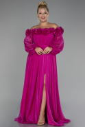 Fuchsia Boat Neck Long Sleeve Plus Size Chiffon Prom Gown ABU4131