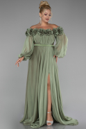 Olive Drab Boat Neck Long Sleeve Plus Size Chiffon Prom Gown ABU4131