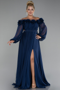 Navy Blue Boat Neck Long Sleeve Plus Size Chiffon Prom Gown ABU4131