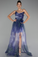 Purple Strapless Slit Long Chiffon Patterned Prom Dress ABU4150