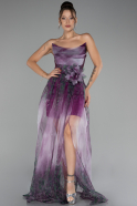 Plum Strapless Slit Long Chiffon Patterned Prom Dress ABU4150