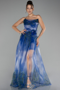 Sax Blue Strapless Slit Printed Long Chiffon Prom Dress ABU4198