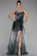 Emerald Green Strapless Slit Printed Long Chiffon Prom Dress ABU4198