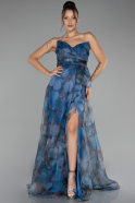 Indigo Strapless Slit Long Chiffon Patterned Prom Dress ABU4151