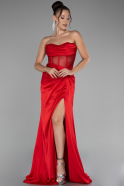 Red Strapless Slit Long Satin Evening Gown ABU4155