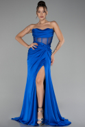 Sax Blue Strapless Slit Long Satin Evening Gown ABU4155