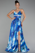 Sax Blue Strapless Slit Long Printed Evening Gown ABU4156