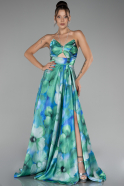 Green Strapless Slit Long Printed Evening Gown ABU4156