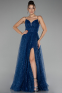 Navy Blue Slit Long Glitter Prom Gown ABU4152