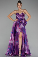 Plum Strapless Slit Long Satin Printed Prom Gown ABU4157