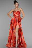 Orange Strapless Slit Long Satin Printed Prom Gown ABU4157