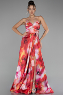 Red Strapless Slit Long Printed Evening Gown ABU4156