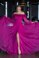 Fuchsia Floral Boat Neck Long Sleeve Chiffon Prom Gown ABU4130