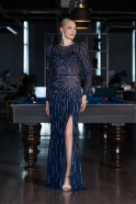 Navy Blue Long Sleeve Stone Slit Long Haute Couture Dress ABU4111