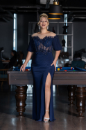 Navy Blue Short Sleeve Embroidered Slit Long Plus Size Evening Gown ABU4100