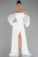 Ekru Shoulder Decollete Long Sleeve Chiffon Prom Dress ABU4165